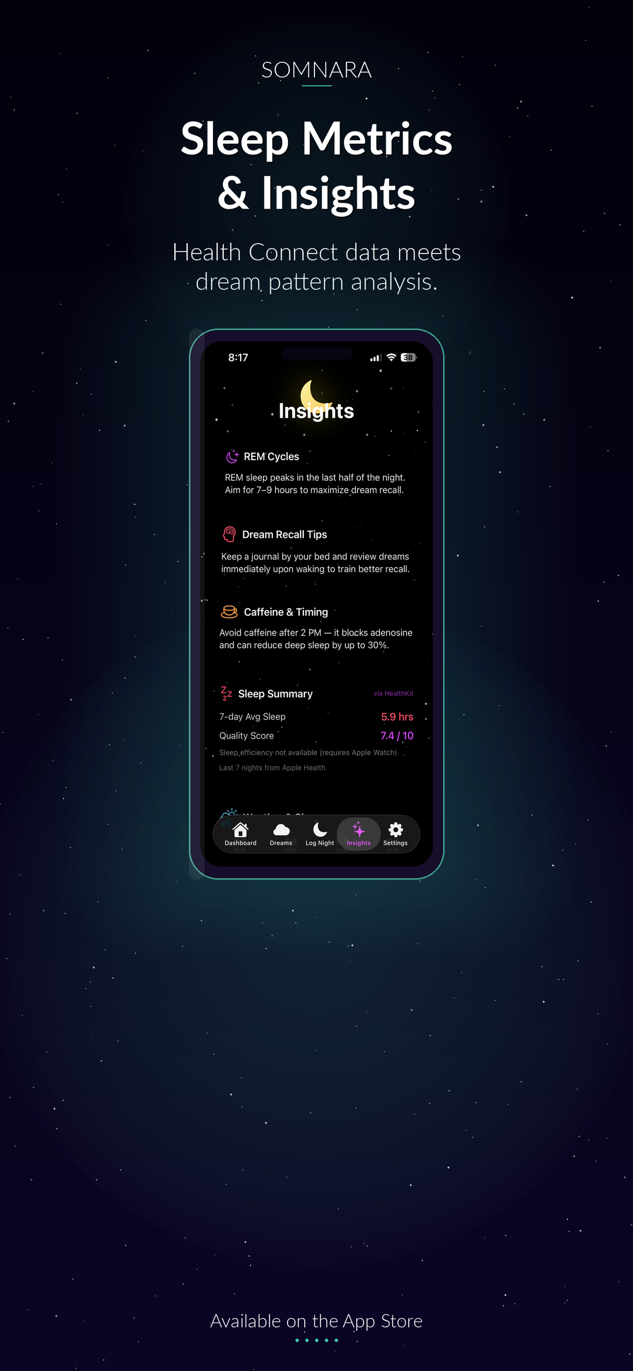 Somnara Sleep Insights screen showing resting heart rate, HRV, respiratory rate, sleep duration, and sleep efficiency pulled from Apple Health
