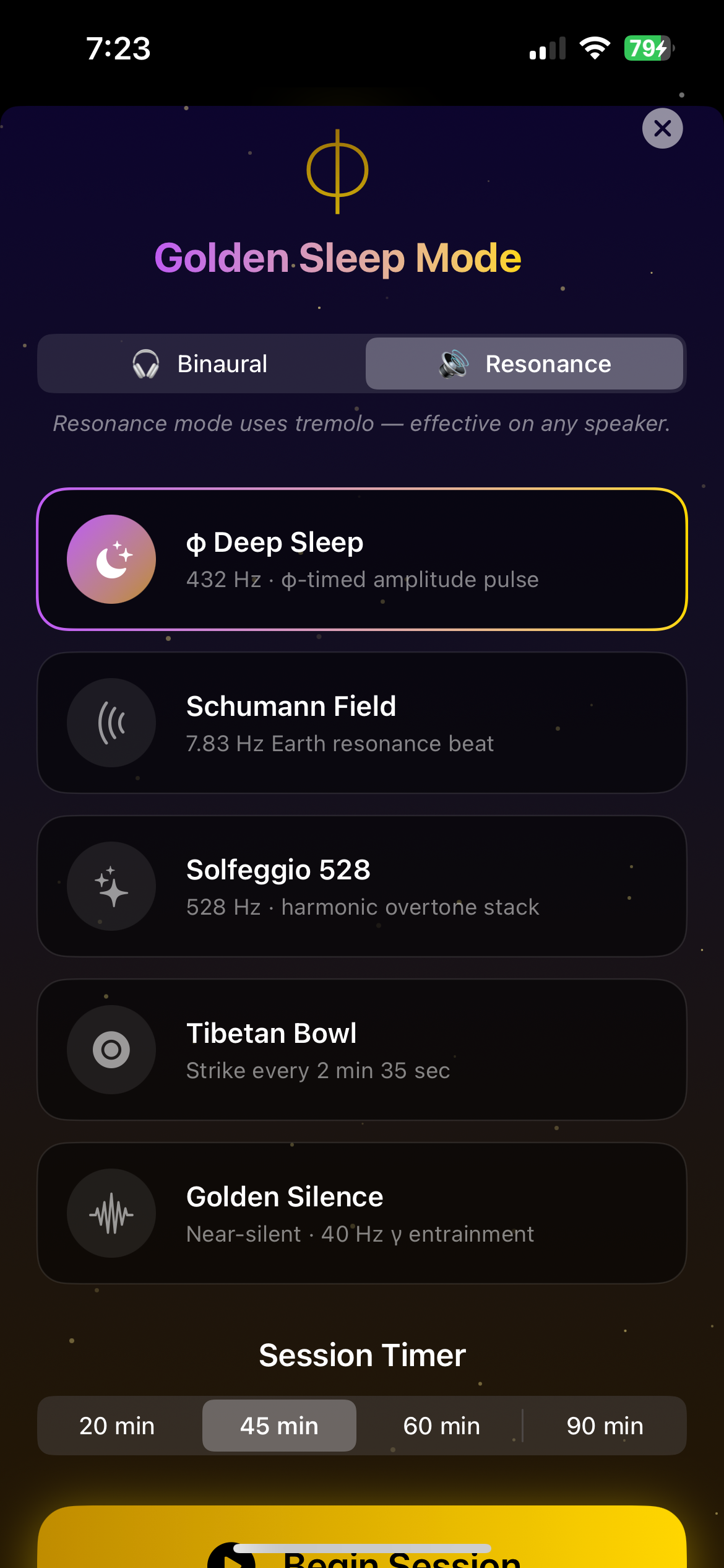 Golden Sleep Mode screen